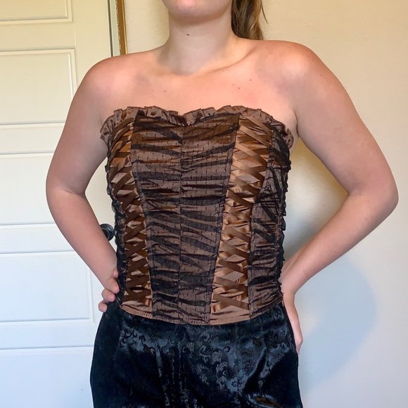 Y2K Brown and Black Ribbon Mesh Boned Corset Top - Picture 7 of 12
